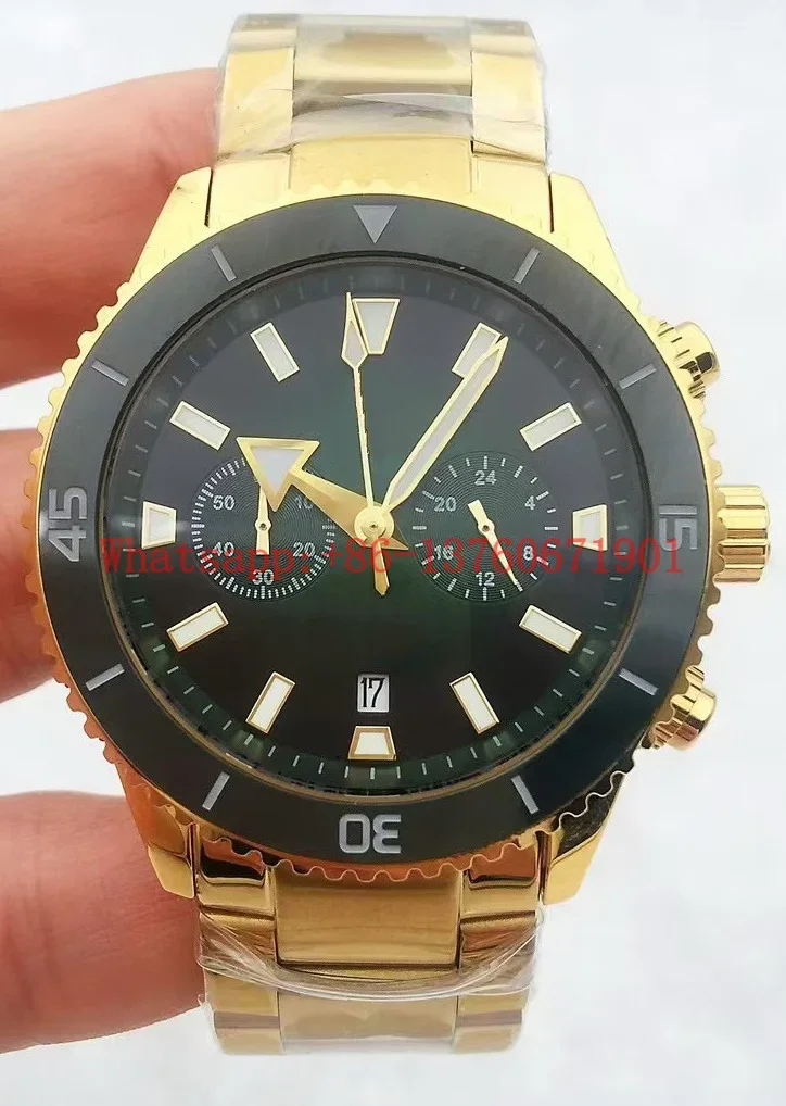 Luxury New Quartz Chronograph Watch Men Black Rose Gold Green Coffee Yellow Fashion Stainless Steel Bracelet Ceramica Watches