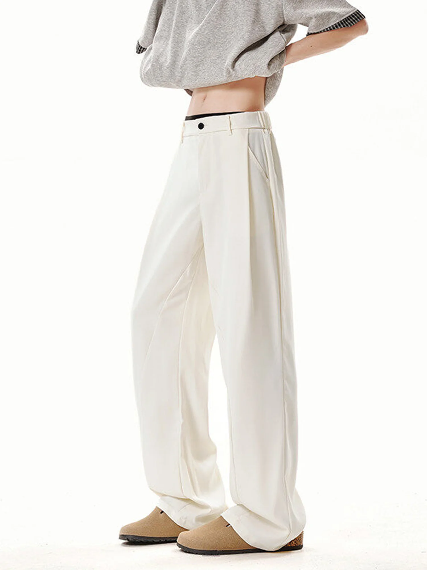 

White Ice Silk Men's Summer Thin Straight Leg Casual Suit Pants Drape Loose Wide Leg Trousers Cool Sle Polyester Fiber