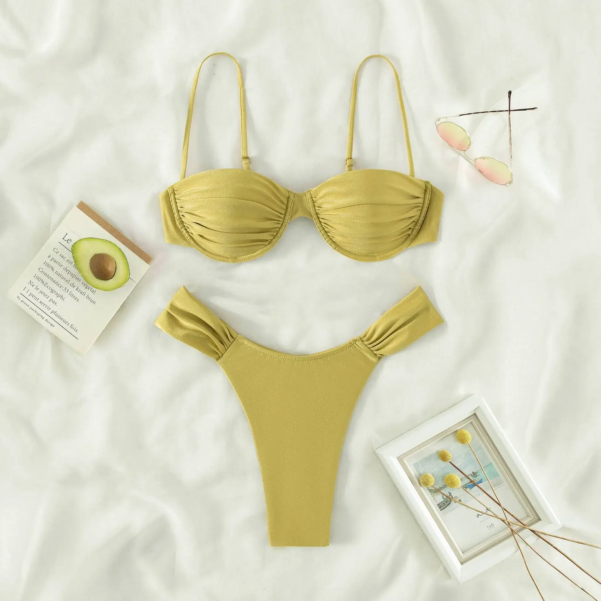 Women Bikini Set Sexy High Cut Sets Push-up Pleated Bra+Low Waist Briefs Two-Piece Swimsuits Solid Color Swimwear Beachwear
