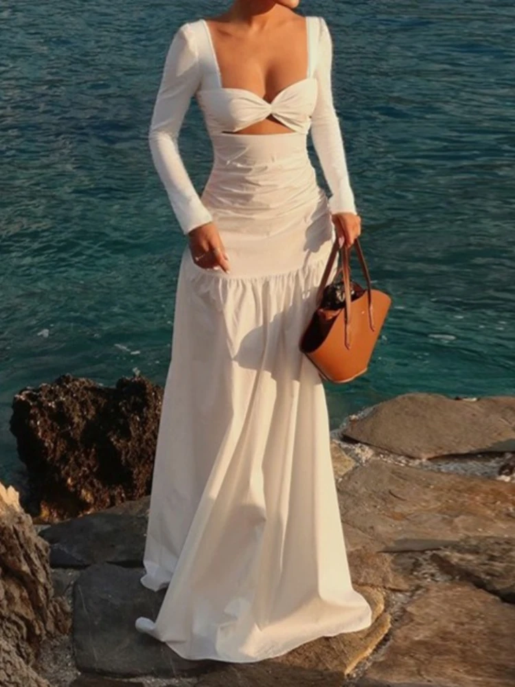 Foamlina 2025 Fall Fashion Solid Lange Mouw Jurk Vrouwen Elegante V-hals Cut-out Slanke Hoge Taille Plooien Holiday Party maxi Jurk