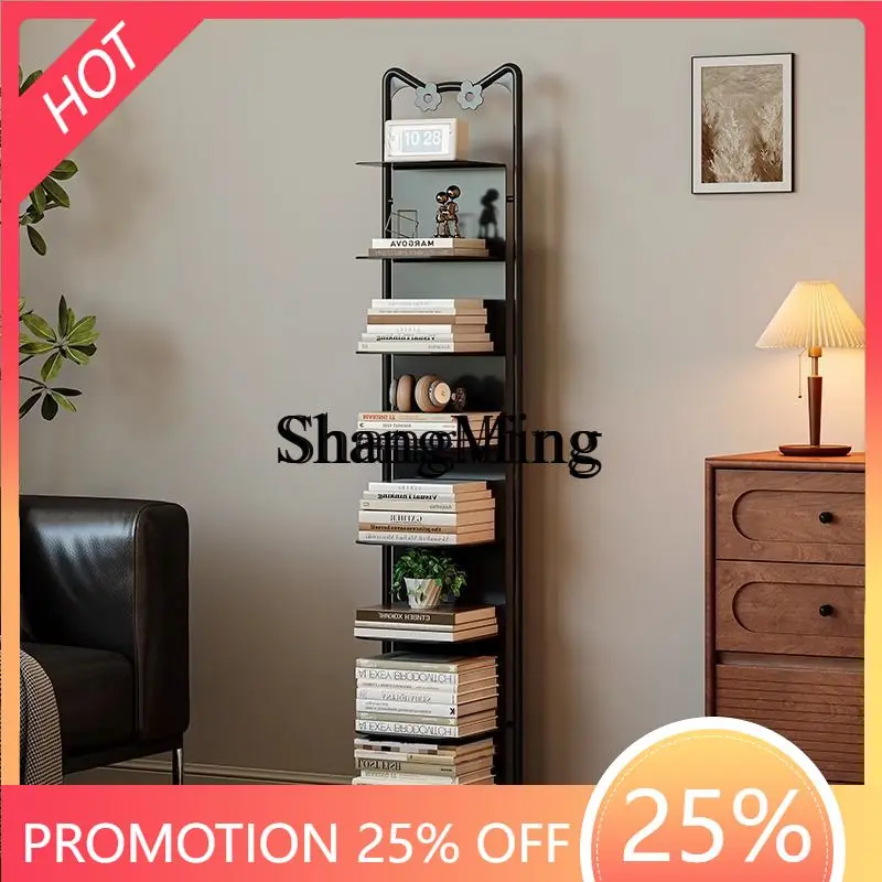 

FG floor rack living room simple vertical bookcase integrated wrought iron corner small narrow storage cabinet against the wall