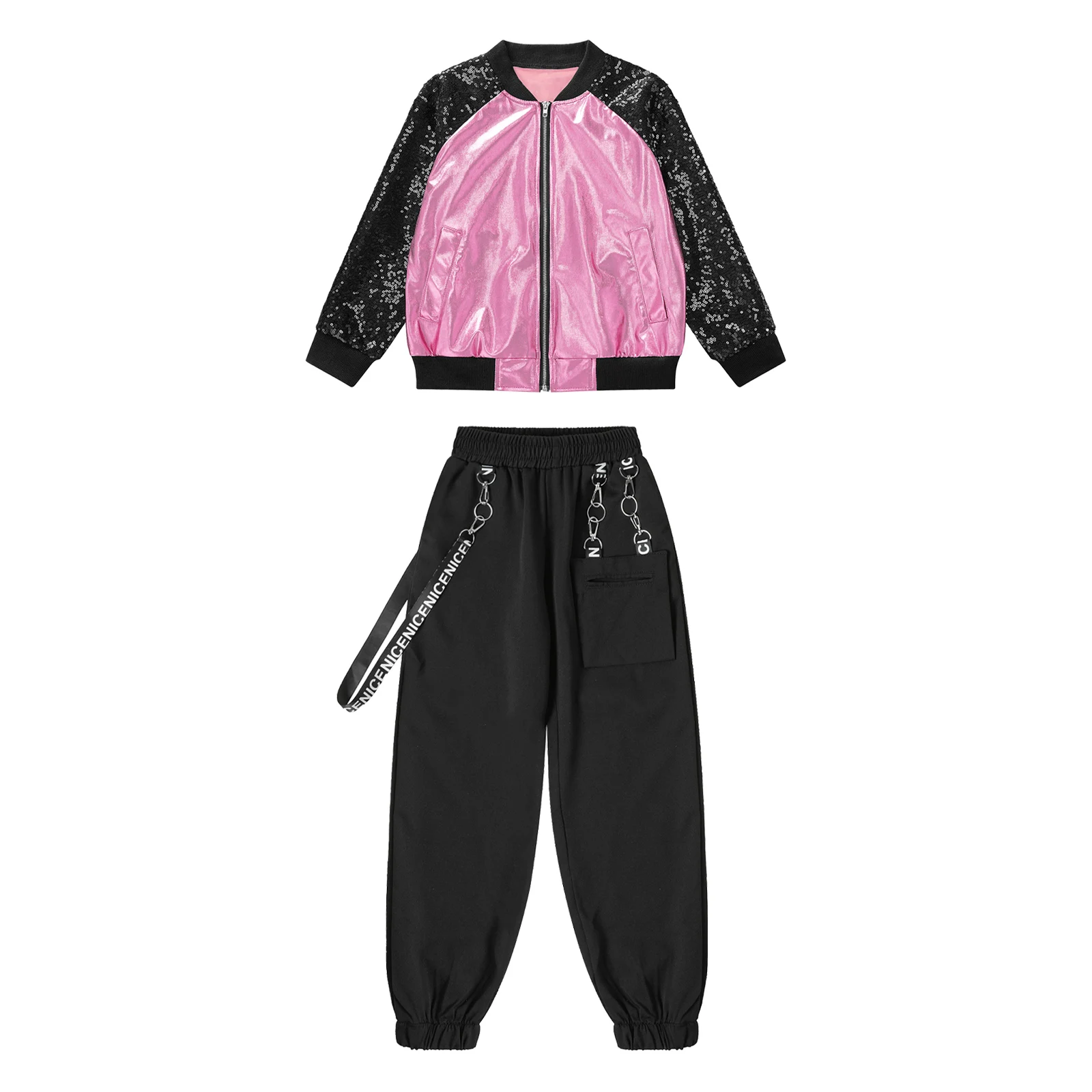 

Children Jazz Hip Hop Dance Costume Metallic Sequins Long Sleeve Jacket+Sweatpants Outfit for Street Dancewear Stage Performance