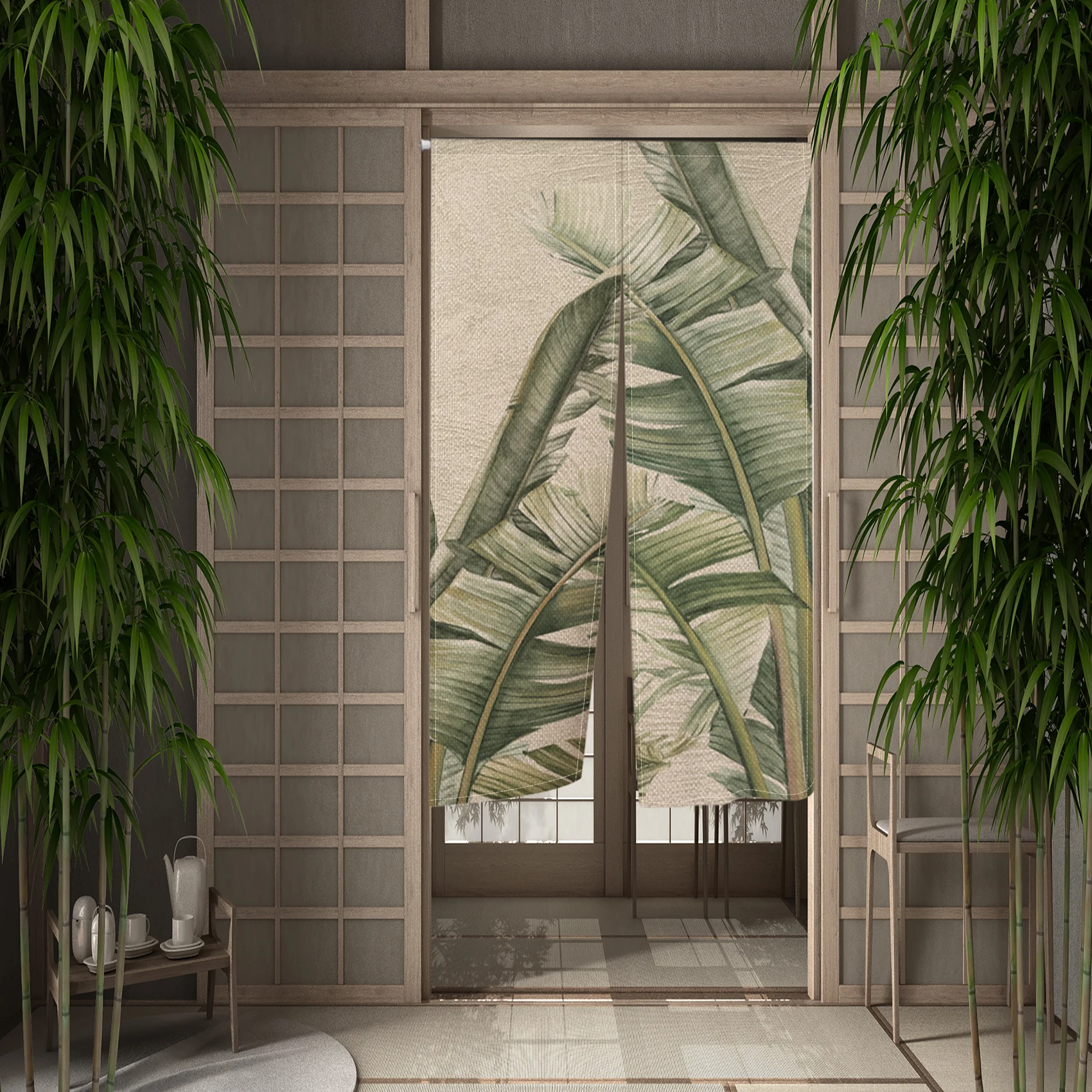 Japanese Curtains for Doorway Noren Botanical Tropical Plants Jungle Leaves Kitchen Short Curtains Room Linen Blackout Partition