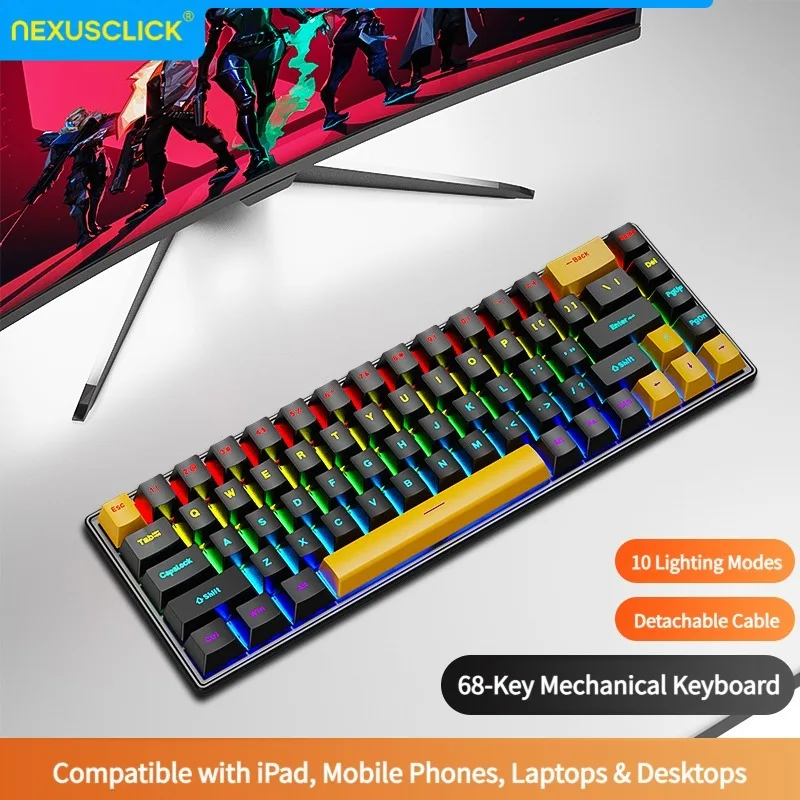 NexusClick K68 Red Switch Wired RGB Mechanical Gaming Keyboard, 50M Keystroke Life Multi-System Compatible Mac Linux Windows