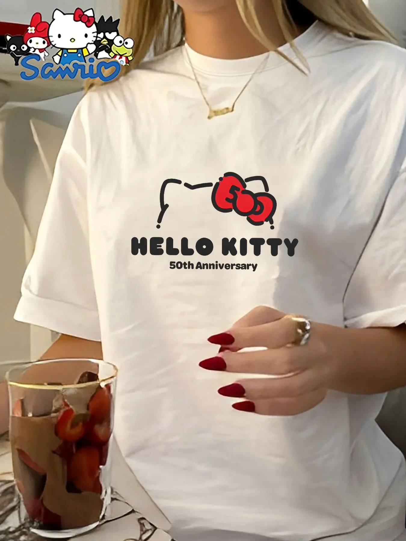 For Hello Kitty 50th Anniversary T-Shirt Women'S Cute Anime Graphic Tee Short Sleeve Crew Neck Casual Top for Summer
