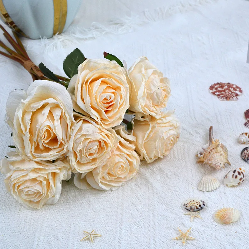 باقة زهور صناعية واحدة 7 رؤوس تأثير محروق محاكاة وردة بلغاريا لحفل الزفاف باقة العروس ديكور طاولة المنزل