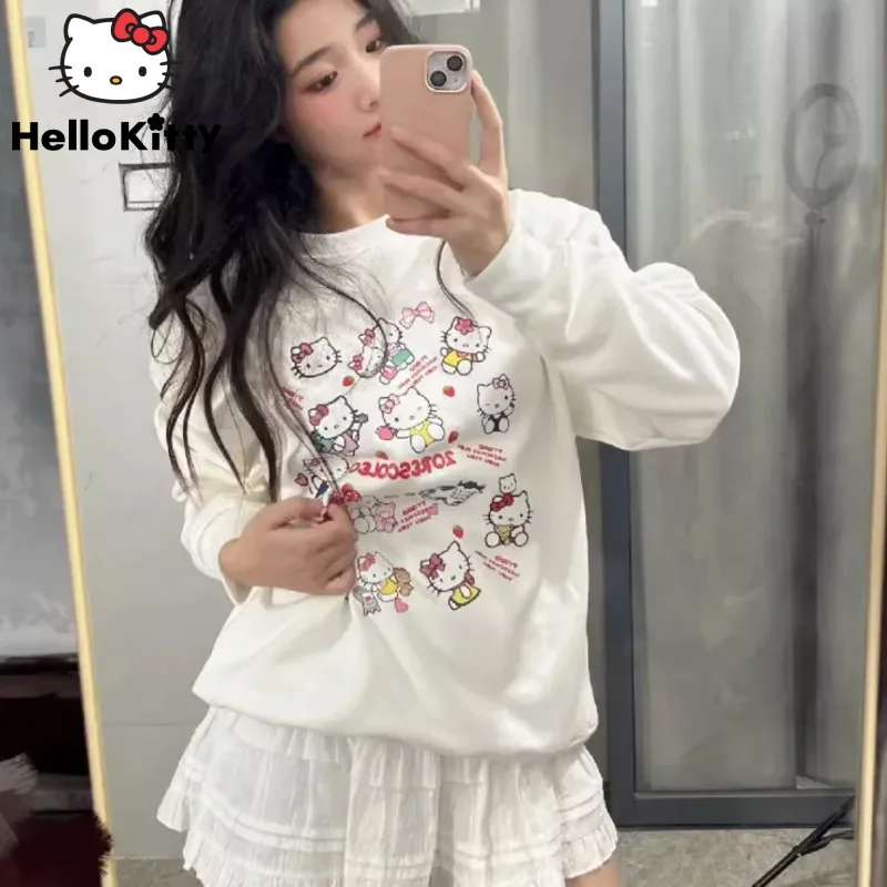 Sanrio Hello Kitty New Long Sleeve Top Shirts Cartoon Korean Style White Sweatshirts Women Cute Round Neck Pullovers Y2k Clothes