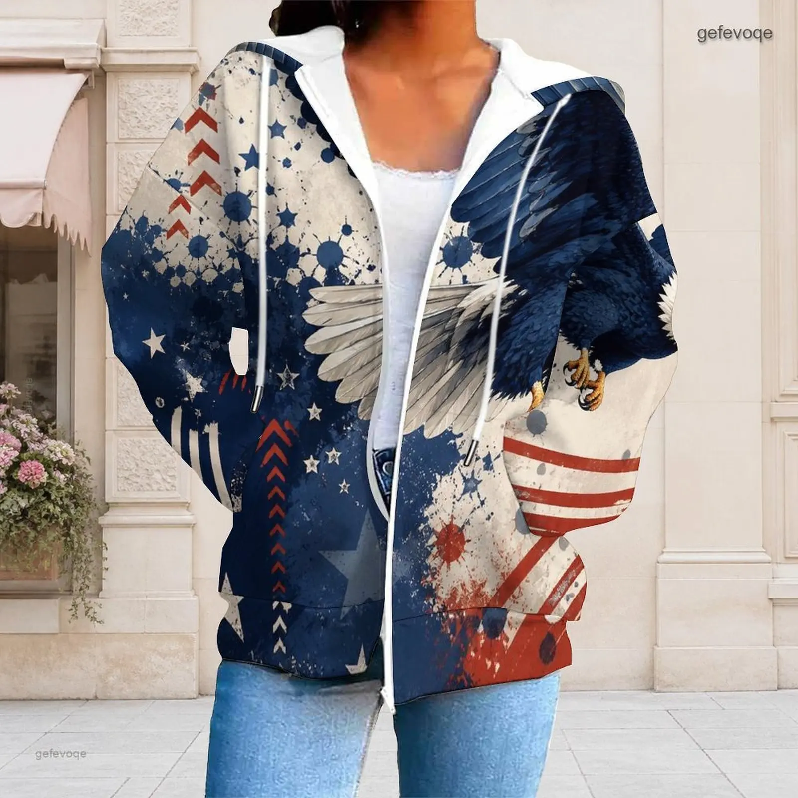 Women Navy Blue Celestial Star Firework Printed Zip Up Long Sleeve Hoodie