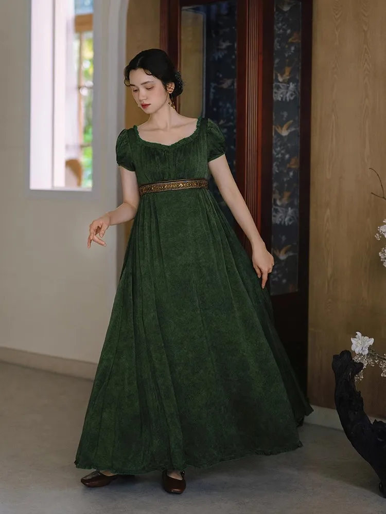 84-96 cm Abito lungo verde busto Abito stile corte vintage da donna Elegante collo quadrato sottile Perline Paillettes Abito imperiale a vita alta