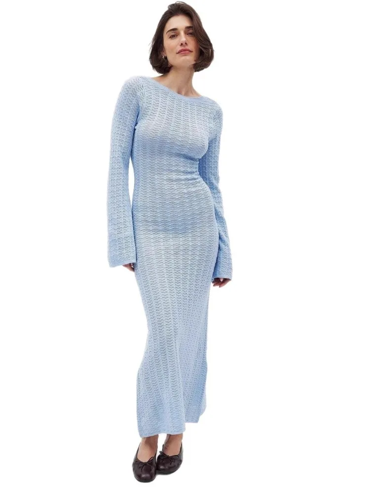 

Sexy Women Long Knit Beach Dress Hollow-Out O-Neck Long Sleeve Bikini Cover-Ups Dress Fall Backless Holiday Dress 2026 Summer