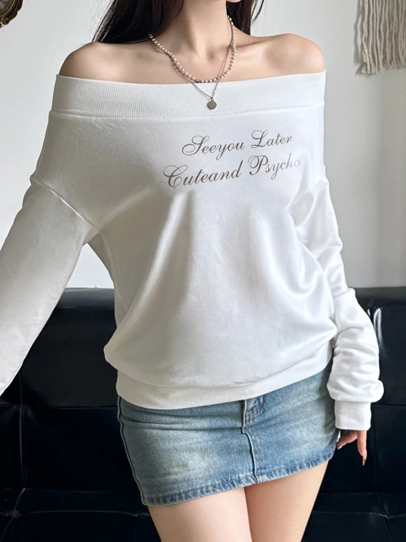 Weekeep Casual Off-shoulder Hoodies White Long Sleeve Slash Neck Sweatshirt Y2k Letter Print Loose Women Clothing Autumn Ladies