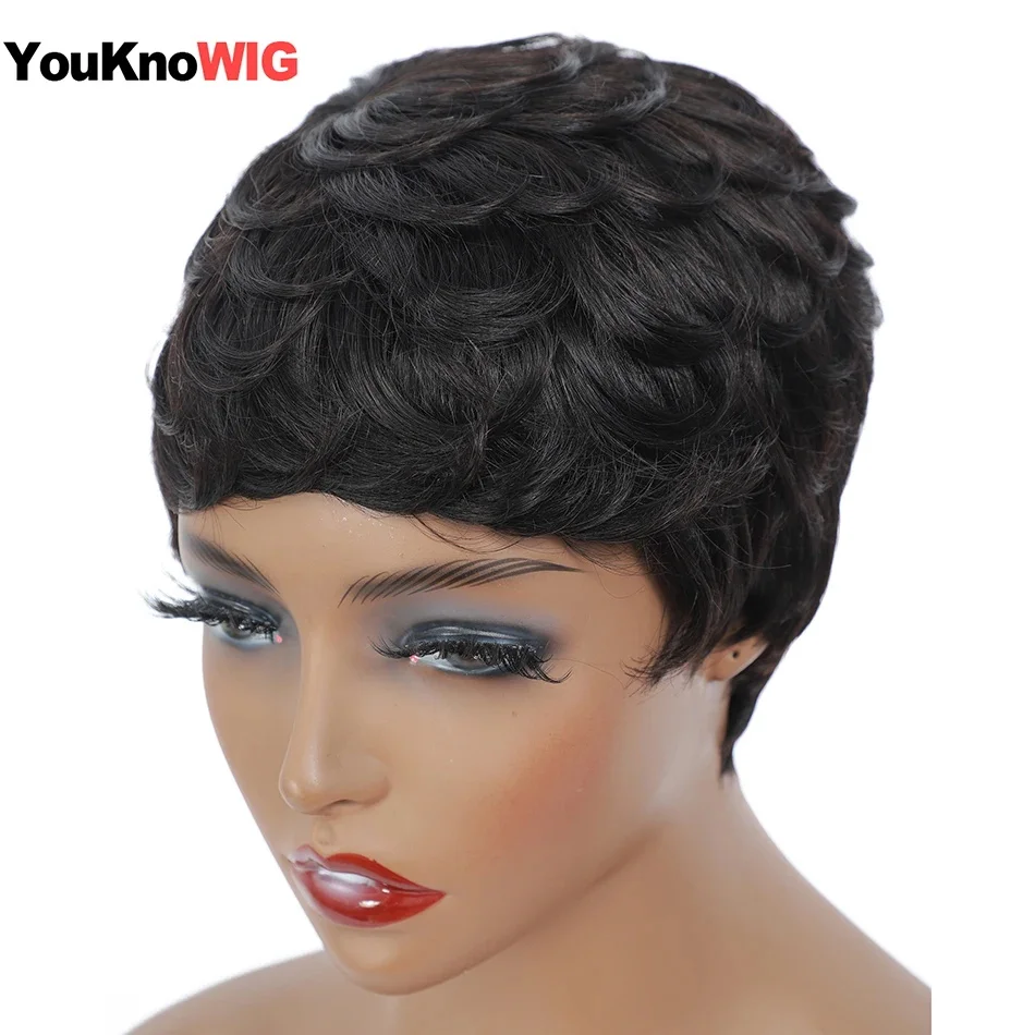 Perruque Bob Pixie Cut Brésilienne Naturelle avec Frange, Cheveux Courts Bouclés, Faite à la Machine, Pas Cher, pour Femme Noire