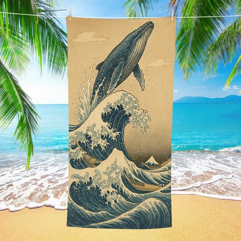 Toalla de playa vintage con estampado de ballena gigante japonesa, toalla ligera absorbente de secado rápido con estampado artístico del océano