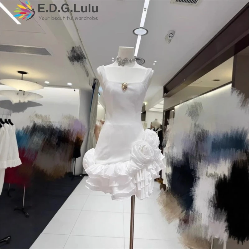 EDGLuLu 3d Flower Splicing Birthday Dress Woman Sexy Backless Mini Party Dress Sleeveless Camisole Elegant Dress 1021