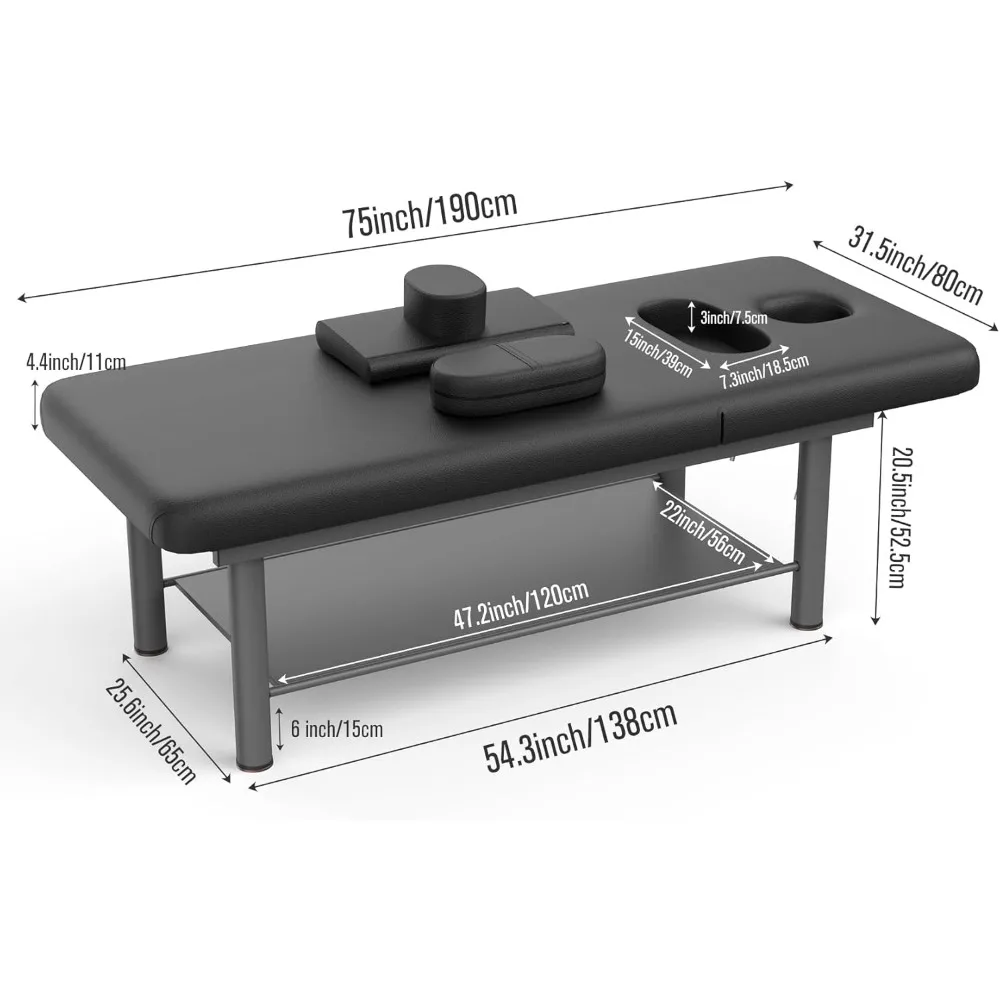سرير تدليك ثابت احترافي شديد التحمل، طاولة تدليك ثابتة واسعة مع مسند ظهر لطاولة العلاج