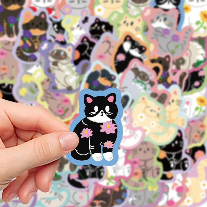 50PCS Cartoon Colorful Edge Flower Cat Graffiti Stickers DIY Decorative Trolley Diary Stationery Cute Image Decals Kids Toy Gift