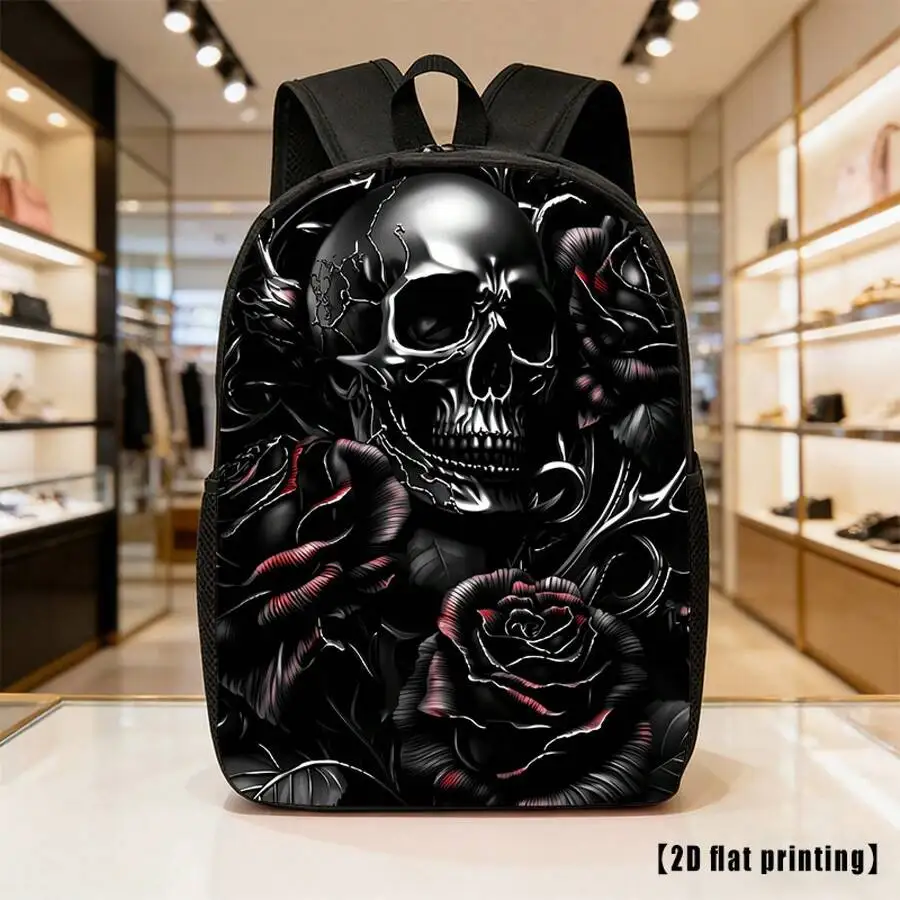 Large Capacity Unisex Skull Rose Print Backpack