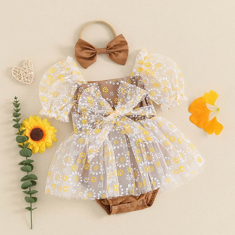 

Tregren Newborn Baby Girl Summer Outfits Short Puff Sleeve Floral Print Romper Tulle Dress with Bow Headband 2pcs Clothes Set