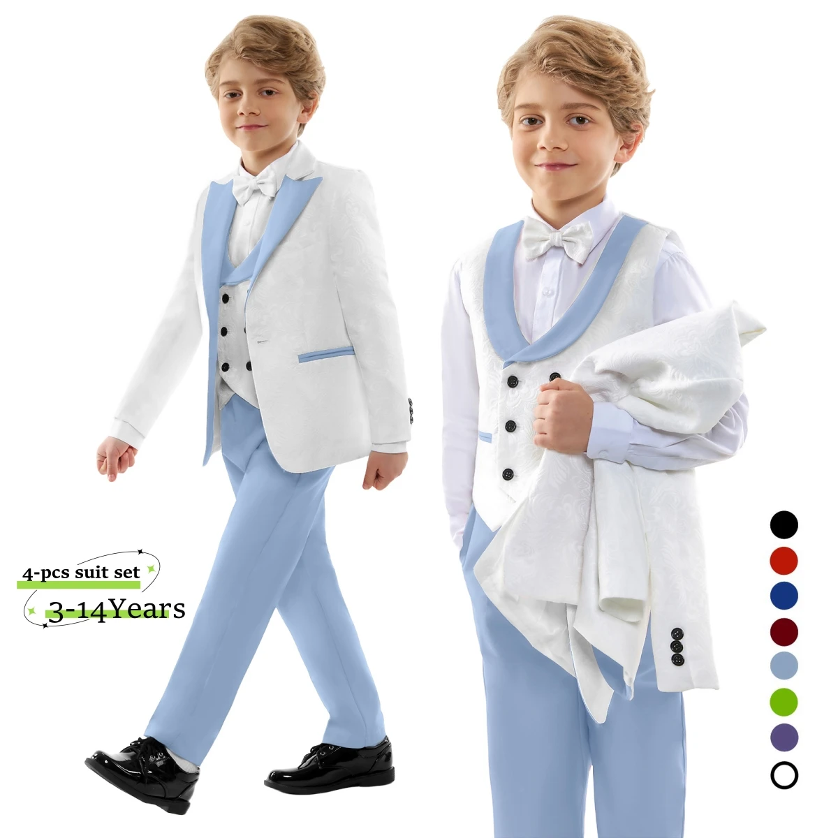 

Жаккардовый смокинг для мальчиков с регулируемой талией | Комплект блейзера для свадебной вечеринки | Дети Формальные От 3 до 14 лет | Блейзер из 4 предметов, жилет, брюки с бантом