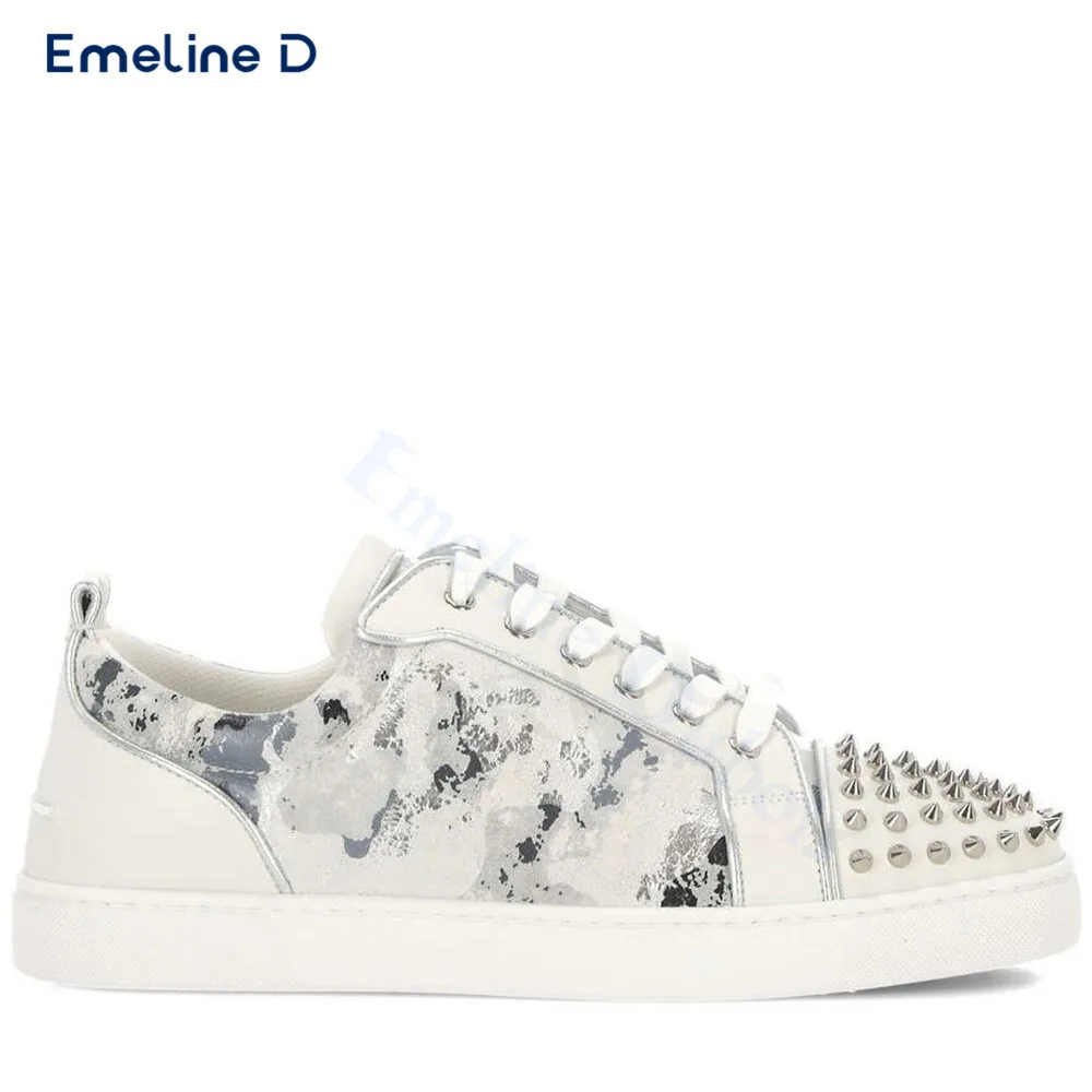 Irregular Print White Lace-Up Shoes Studded Round Toe Slip-On Sneakers Fashion Designer Personalized Comfortable Men's Shoes