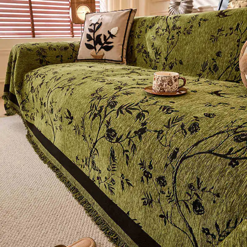 

French Printing Home Sofa Cover Design Leaf Pattern 3 Seater Sofa Cover Full Set Anti-cat Scratching Non-slip Sofa Blanket