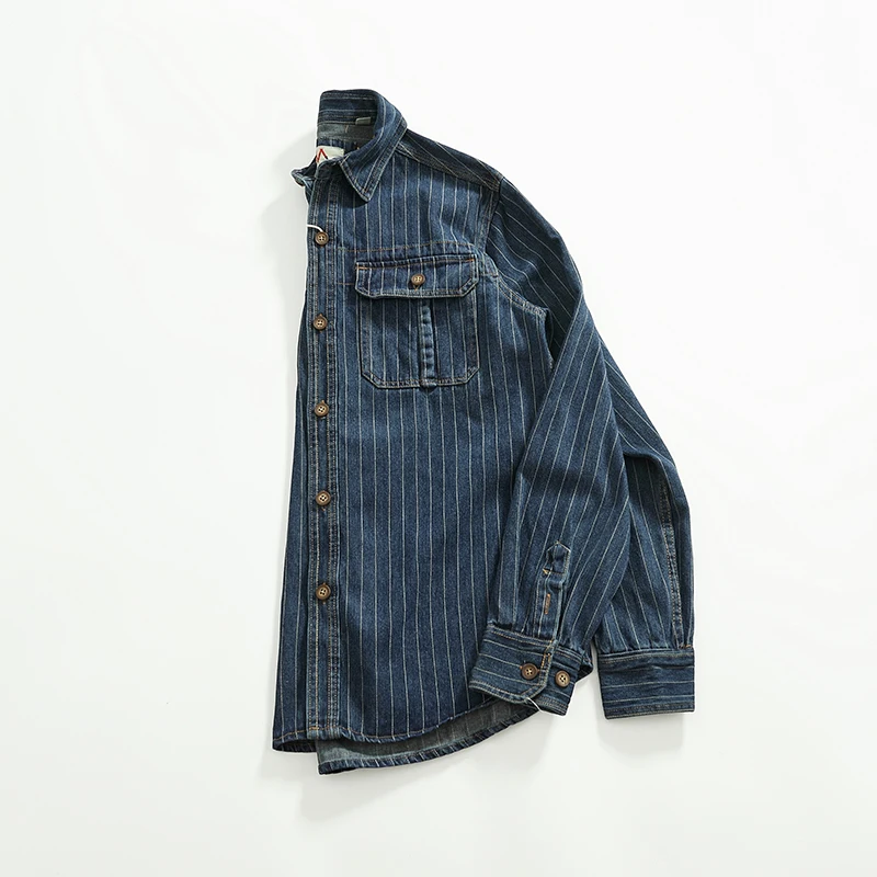 

Retro Striped Workwear Denim irt Men Faded Casual American Sle Thin Outerwear Top Stand Fit Long Sve Autumn Wear