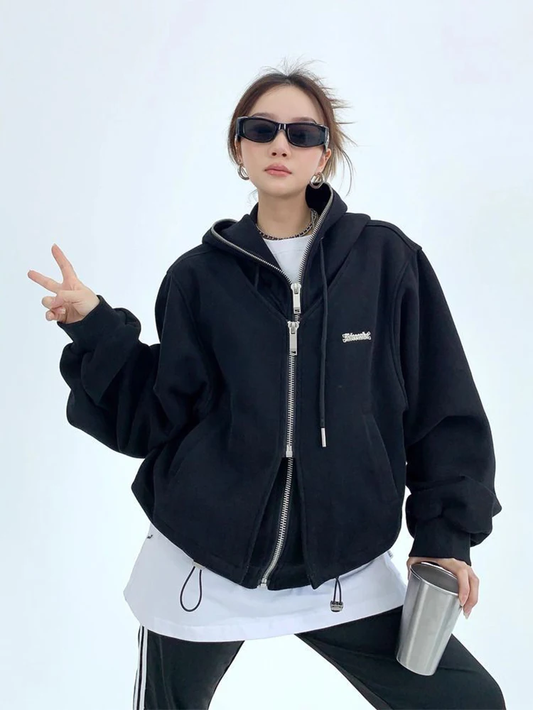 HOUZHOU Hooded Jacket for Women Spring Autumn Loose Zipper Patchwork Hoodies Cardigan Sweatshirts Coats Streetwear Casual