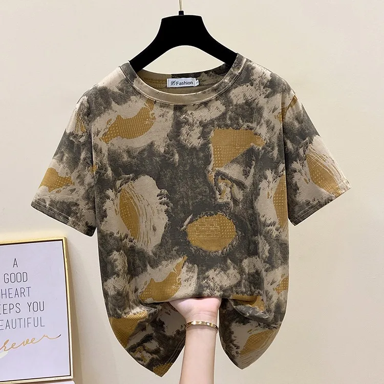 

Summer New Large Size Printed ort Sve T-irt Women's Faion Commute Sle Loose Fit Cotton Polyester Blend round Ne