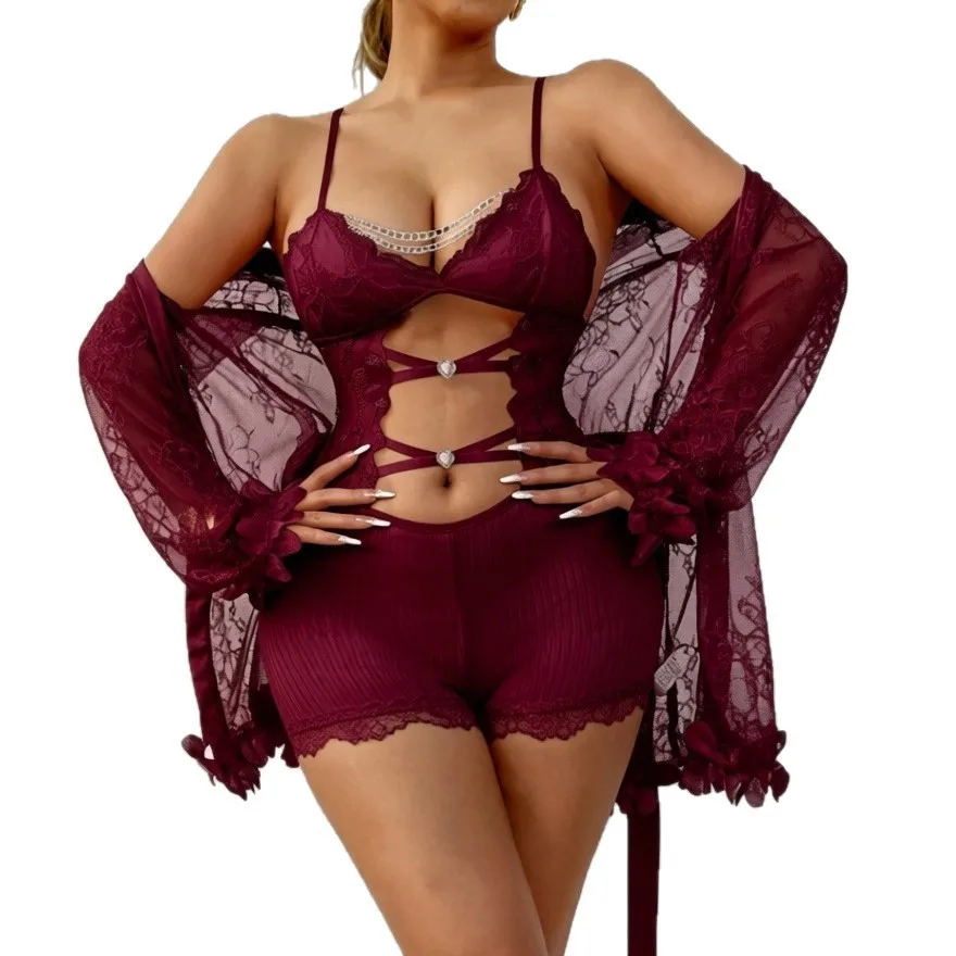 

Plus-size Sexy Sleepwear With Mesh Lightweight And Breathable Sheer Lace Robe Hollow-out Deep V Design Pure Desire Home Set TQ75
