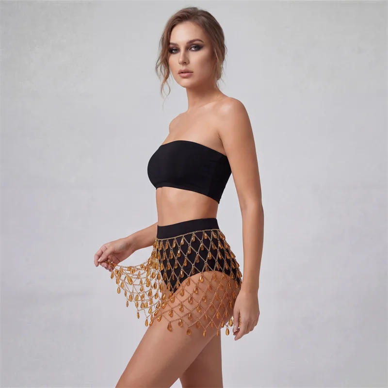 Damen Strass Netz Bauchtanz Minirock Gold Tränenketten-Hüfttuch Hochgeschnittener Festival Rave Party Clubwear Outfit – Detail 5
