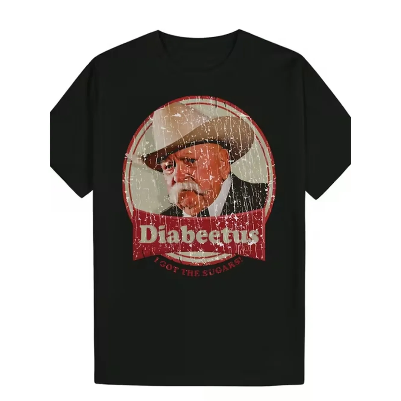 Men's Oversized Short-Sleeved T-Shirt Features a Vintage Diabetes Pattern Design, Decorated with a Retro Cowboy Hat Logo and the Word 