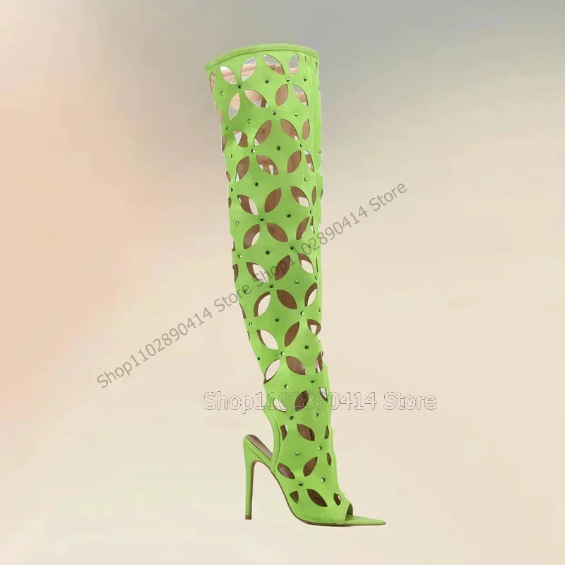 

Rhinestone Decor Rose Red Hollow Design Sandals Boots Side Zipper Women Shoes Thin High Heels New Party 2026 Zapatos Para Mujere