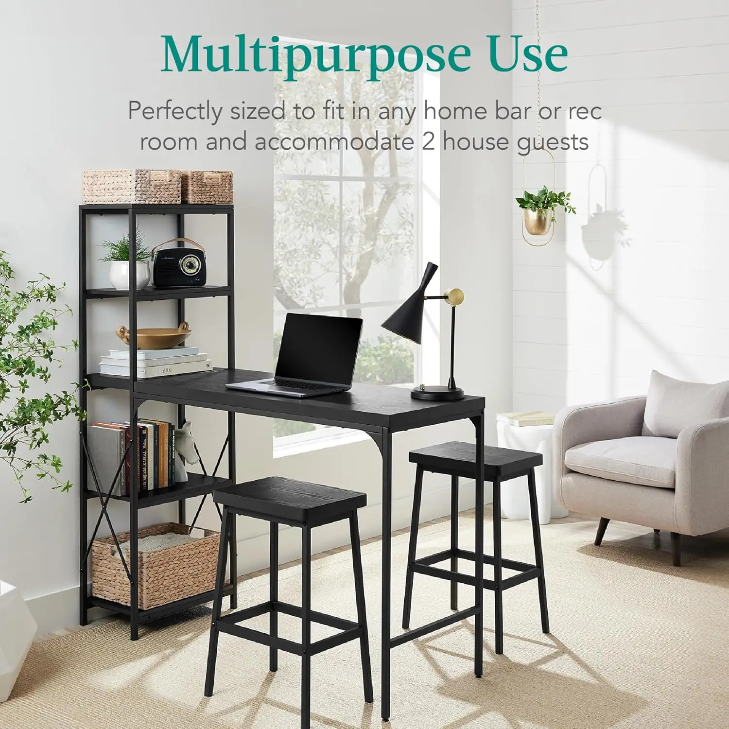 3-Piece Counter Height Dining Set, Desk, Bar, Kitchen Island Table W/ 2 Stools, Wine Rack & Storage Shelves - Black