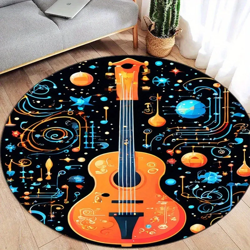 Guitar Cosmic Universe Round Rug Musical Instruments Space Theme Flannel Mat Band Room Musician Gift Creative Abstract Art Floor