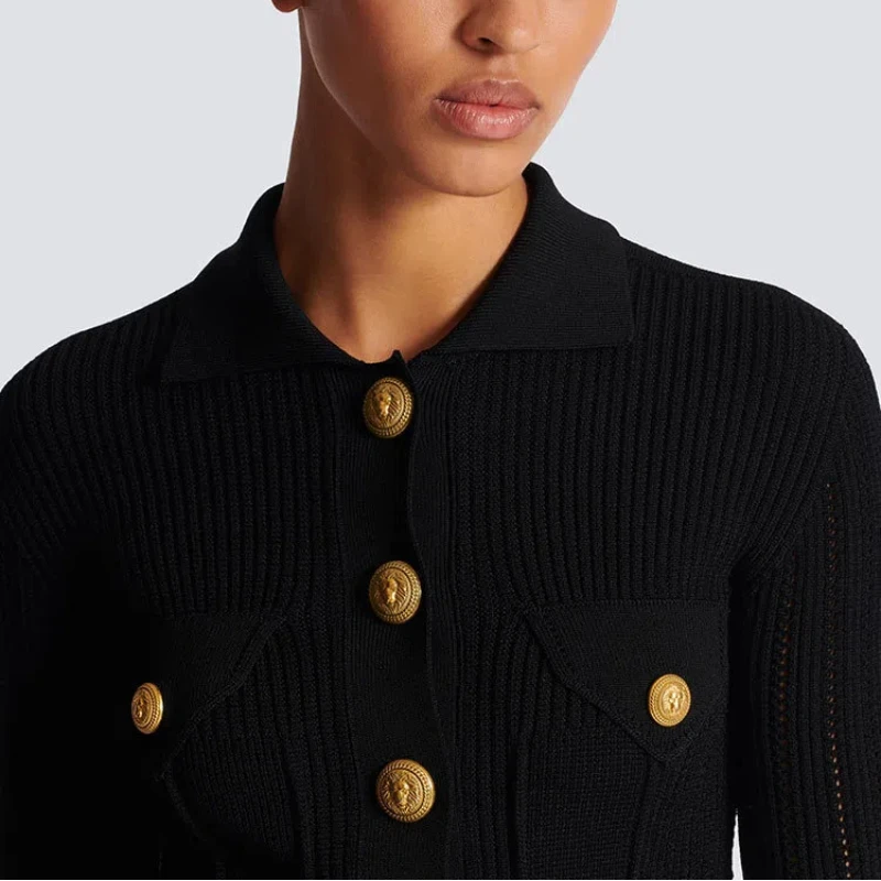 Coat new in knitted cardigan polo collar pit striped hollow gold buckle slim fit and short 24 early spring new high-end feeling