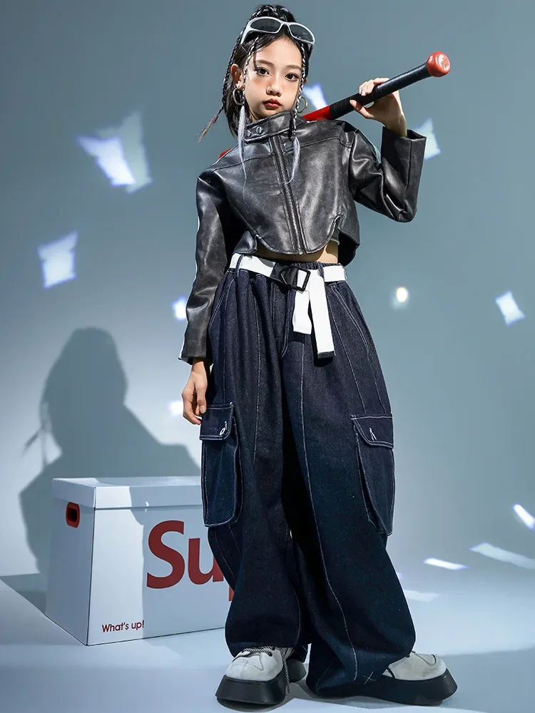 Kinder Kpop Hip Hop Kleidung Lederjacke Top Streetwear Denim Hosen für Mädchen Jazz Dance Kostüm Kleidung