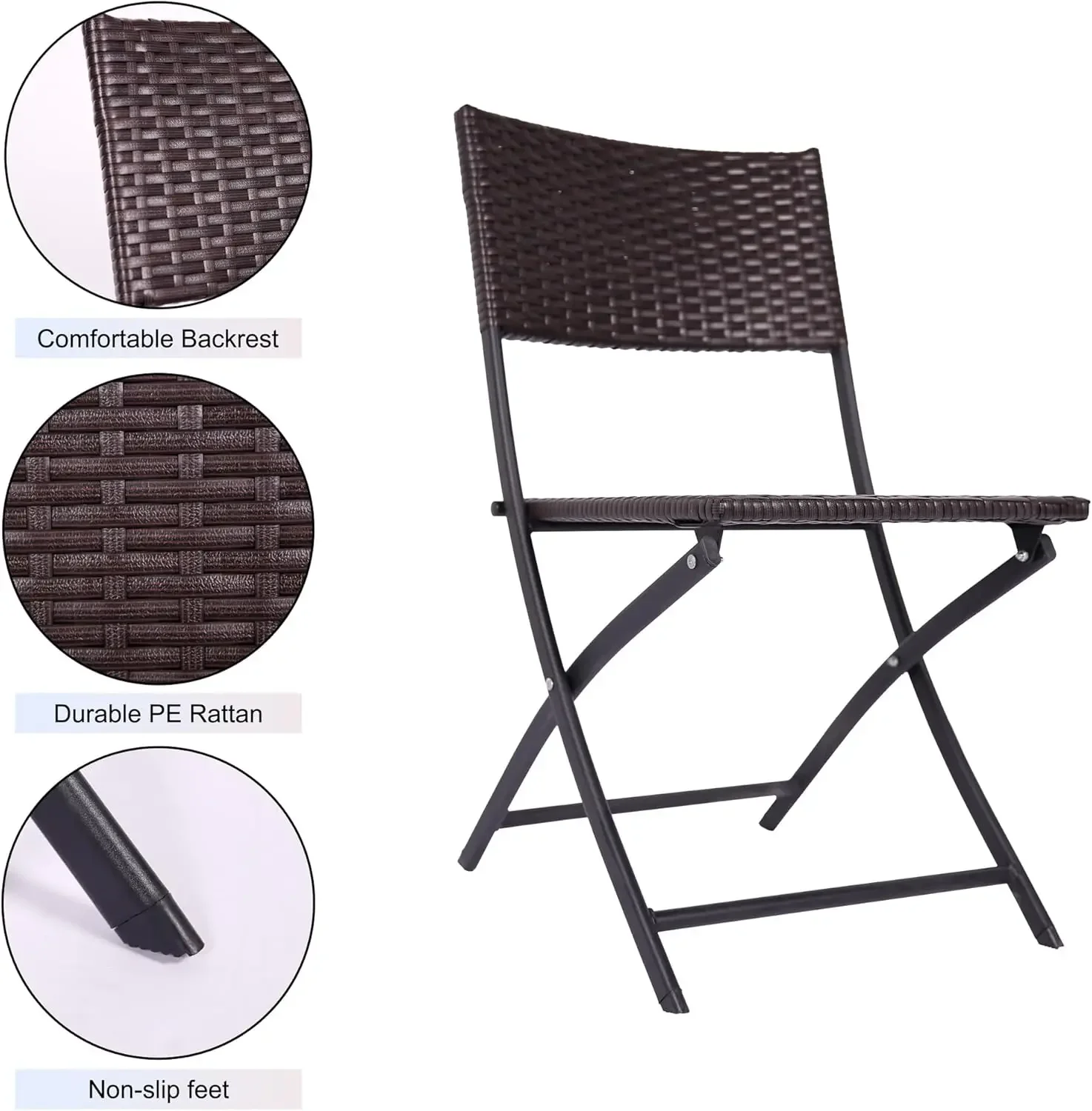 3-Piece Rattan Folding Bistro Chair Set Handwoven Small Balcony Patio Furniture with Square Table Lightweight