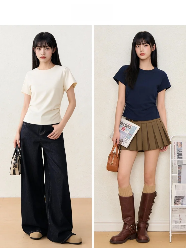 Slim Fit Short Sleeve T-Shirt Women's Summer New Style Casual Loose Cotton Polyester Blend round Neck Short Shoulder Design