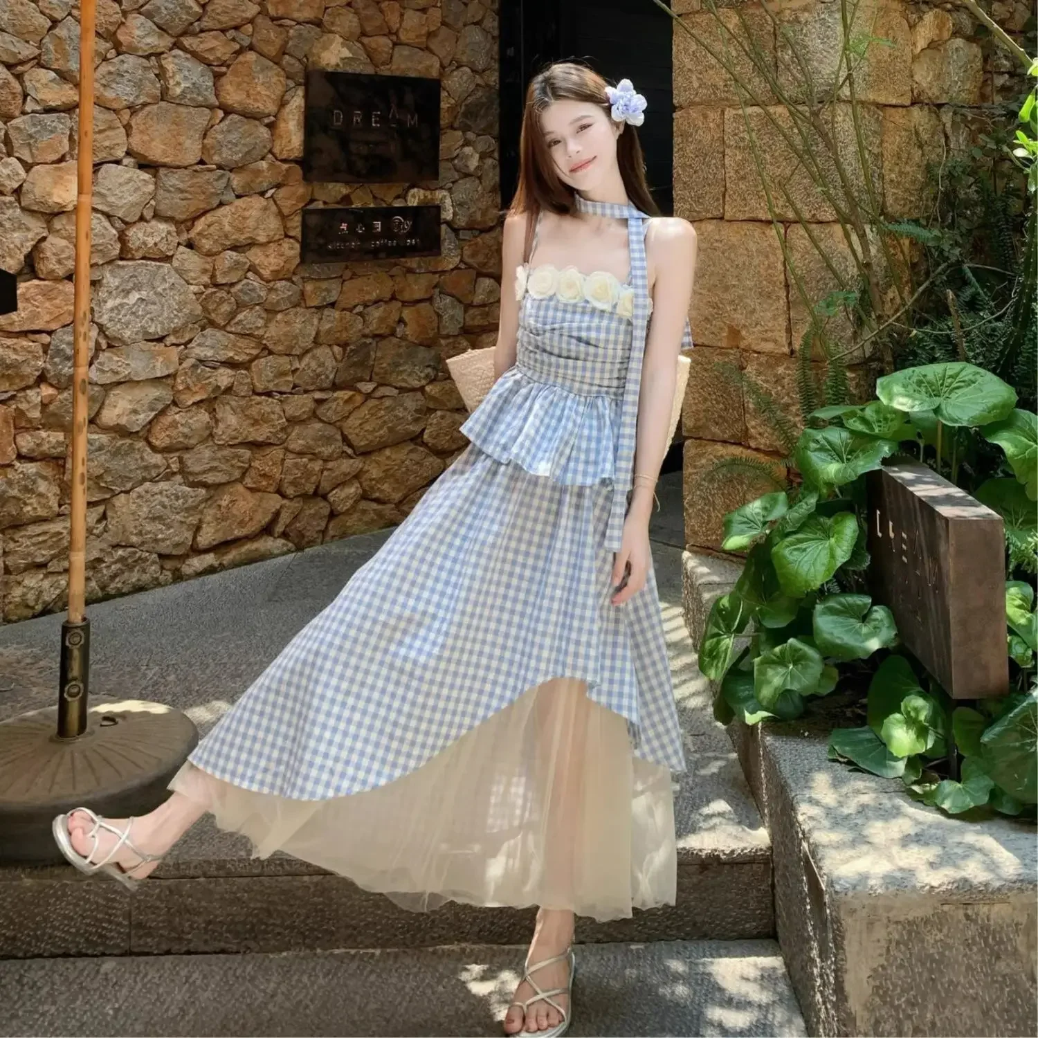 

Sweet Harajuku Y2k 3D Flower Tank Top Irregular Patchwork Long Skirt Women 2 Pieces Set Plaid Dress Suit Holiday Vacation Sets