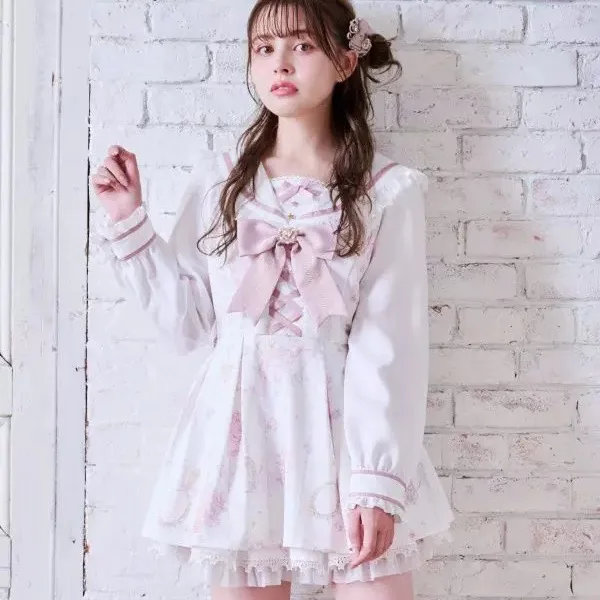 Set Gaun dan Celana Pendek Wanita Gaya Jepang, Model Massal, Kerah Navy, Pita, Lengan Panjang, Renda, Bermotif, Dua Potong