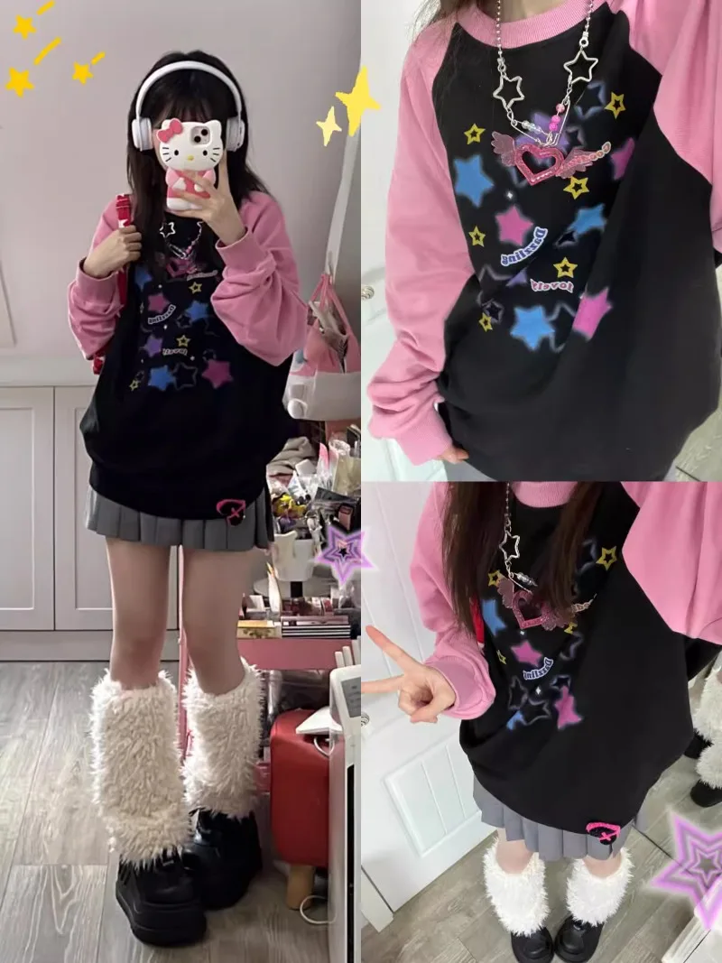 Y2K Aesthetic Star Print Hoodies Women Harajuku Kpop Casual Oversized Sweatshirts Streetwear Loose Pullover Tops E-girl Tshirt