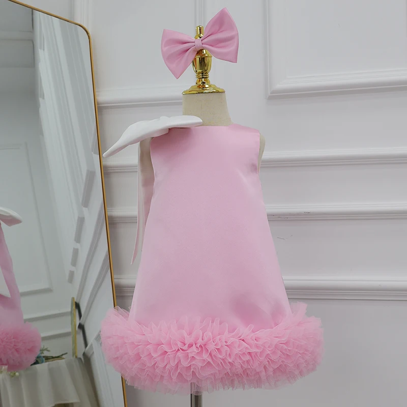 Girls Birthday Dress Large Bow Layered Tulle Holiday Party Flower Girl Wedding Toddler Pageant Formal Prom Dress