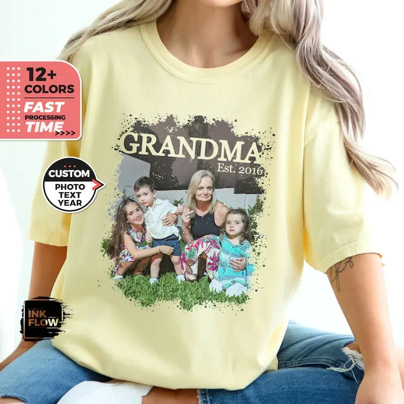 

Custom Grandma Shirt, Personalized Text Photo and Year Shirt, Picture TShirt, Memorial Grandma Tee, Custom Logo Top, Comfort Col