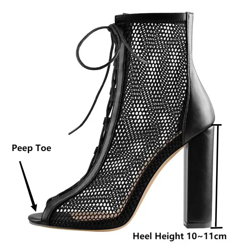 Onlymaker  Peep Toe Mesh  Chunky Heel Black Lace Up Mesh Ankle Booties Sandals