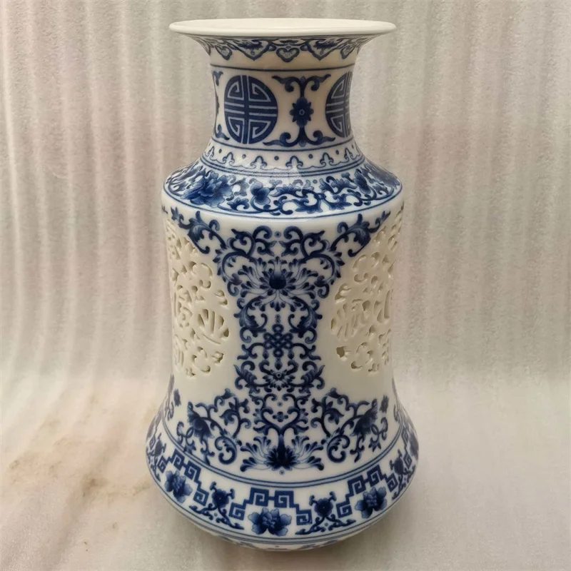 Antique Chinese Porcelain Vase Blue White Lucky Pattern Enamel Hollow Collectible Asian Decor Old World Charm
