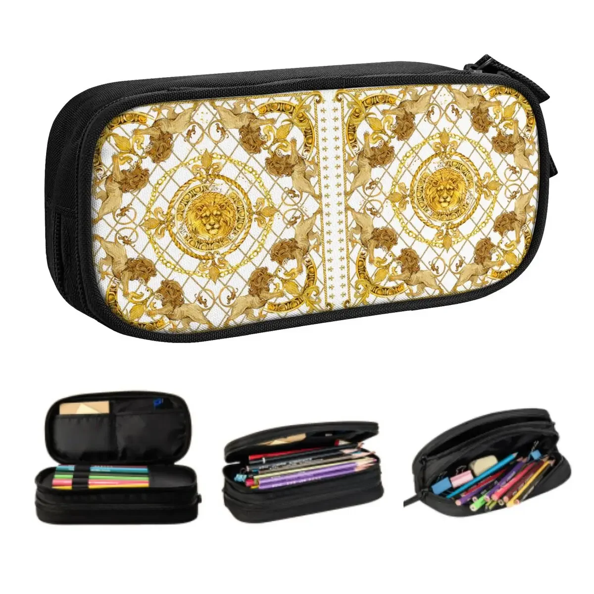 Custom Luxury Golden Lion European Floral Kawaii Pencil Cases Boy Girl Large Capacity Pencil Bag Students Stationery