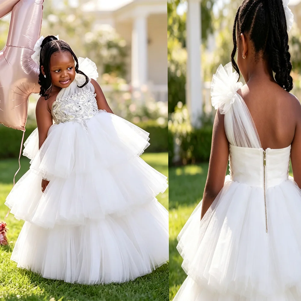 One Shoulder Silver Decoration Flower Girl Dress Puffy Layered Toddler Pageant Dress Birthday Photoshoot Princess
