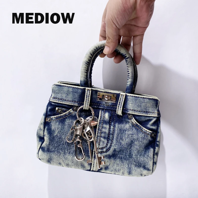 MEDIOW Denim Cloth Bags For Women Luxury Designer Handbags Purses 2024 New In Washing Process Metal Pendant Top Handle Shoulder