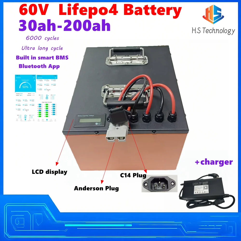 Factory sell 60V 30ah-200Ah scooters Go cart Lifepo4 Battery with long lifespan and deep cycling for Electric tricycle Forklift