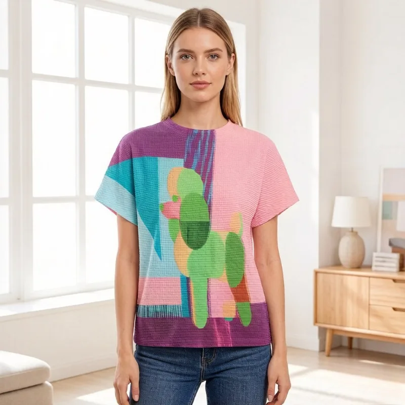 

Женская футболка Miyake с плиссировкой и коротким рукавом, летняя новинка 2026, модный принт, воротник-стойка, плиссировка «под кукурузу», повседневный приталенный крой